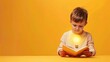 © Anna - Boy reading book, glowing lightbulb symbol on his chest. Inspires creativity, learning in children.