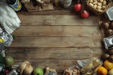 Wall Mural - Food donations on wooden background - generative ai