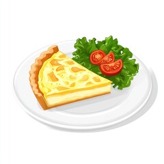 Poster - A slice of quiche served with a side of fresh lettuce and cherry tomatoes on a white plate.