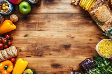 Wall Mural - Food donations on wooden background - generative ai