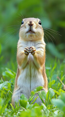 ground squirrel standing on its hind legs, showcasing its curious expression amidst lush green grass. This adorable creature appears alert and ready to explore its surroundings