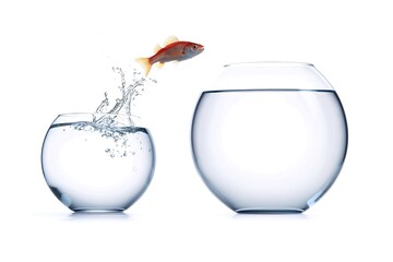 Red fish jumps from a cruet to a bigger one, white background