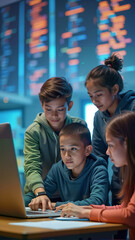 a group of enthusiastic children collaborates around a laptop, exploring technology and coding. this