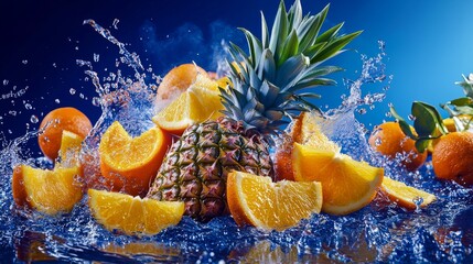 Wall Mural - a realistic advertising hd photo, vibrant and playful scene where pineapples, oranges, and citrus fruits, bright and dynamic colors to enhance the lively and fun atmosphere, ensuring a detailed and en