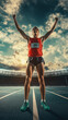 © Indeed_stasi - Runner celebrating victory on track field under dramatic sky