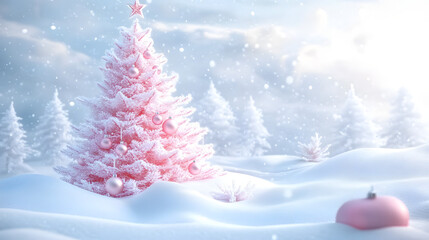 Wall Mural - Beautiful pastel pink Christmas tree surrounded by soft snow, decorated with baubles, creating a dreamy winter wonderland atmosphere.