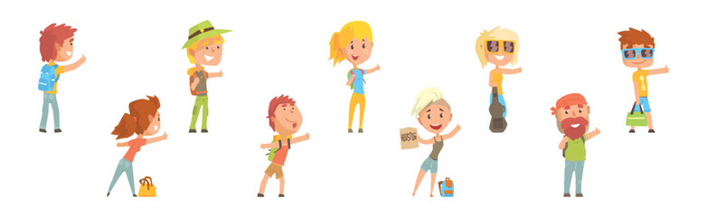 Sticker - People Character Hitchhiking Standing with Backpack Catch Car Vector Set