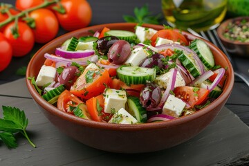 Wall Mural - A colorful Greek salad with tomatoes, cucumbers, red onions, Kalamata olives, feta cheese, and a sprinkling of oregano.