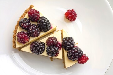 Wall Mural - Top view of Cheesecake with blackberries slice on the plate, white background