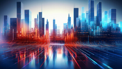 Abstract blue and red city like, glass large lines on a light background; 3D