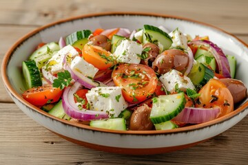 Wall Mural - A colorful Greek salad with tomatoes, cucumbers, red onions, Kalamata olives, feta cheese, and a sprinkling of oregano.