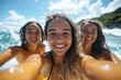 © dgpatel - Happy female surfers capturing fun beach moments with a selfie, Generative AI