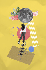 vertical photo collage artwork minimal picture of excited small girl drawing full moon isolated crea