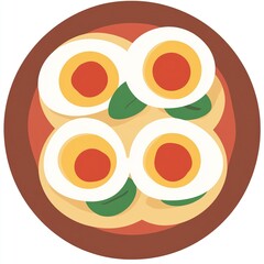 Poster - A colorful illustration of a plate with three boiled eggs on a bed of sauce and leaves.