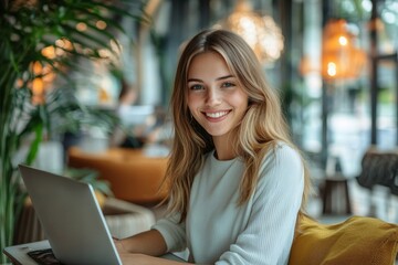 Happy young businesswoman using a laptop in a lobby, Generative AI