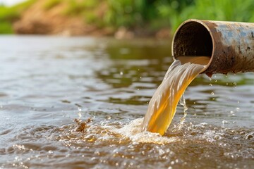 Rusty pipe discharges polluted water into a natural stream. Environmental pollution concepts.