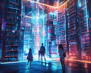 Wall Mural - Futuristic Library with Personalized Holographic Books Adapting to Reader s Understanding