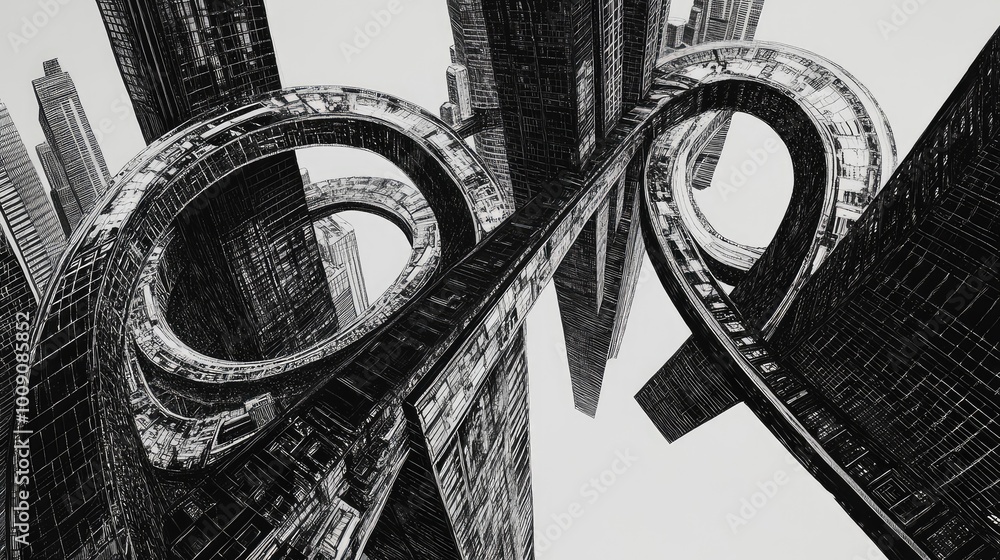 Tall, curving skyscrapers float weightlessly in the air, connected by ...