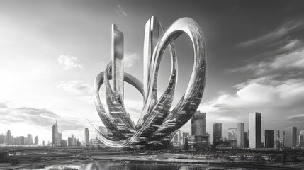 Wall Mural - Tall, floating skyscrapers bend and warp, connected by looping bridges that twist and turn in impossible, gravity-defying shapes.