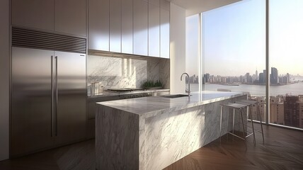 A kitchen with a marble countertop and stainless steel appliances