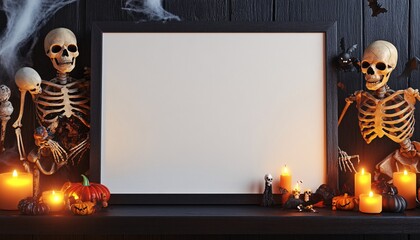 Blank Frame Mockup on Dark Wooden Shelf Perfect for Spooky Decorations Ideal for Halloween Mockup Displaying Festive Art and Imagery