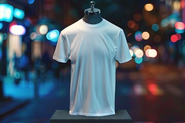 3D T-shirt on mannequin in night city street, Ai Generated