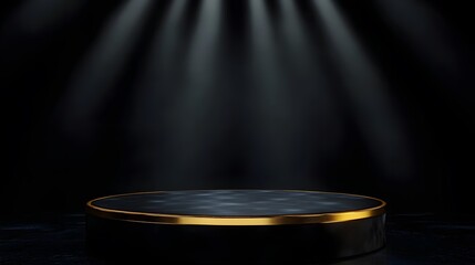 Wall Mural - Black Platform with Golden Ring in Spotlight