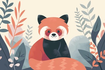 Illustrated red panda in forest setting