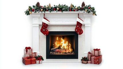 Cozy fireplace with festive Christmas stockings and decorations, surrounded by wrapped gifts. Perfect holiday atmosphere for winter warmth.