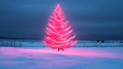 Wall Mural - Bright pink christmas tree illuminating a snowy landscape at twilight, creating a festive and surreal atmosphere