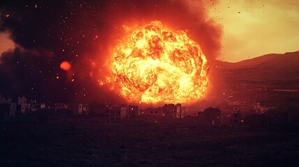 Wall Mural - A Fiery Explosion Over a Desolate City