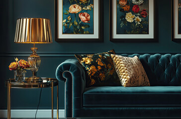 Wall Mural - A dark living room with three gold-framed posters on the wall, featuring peonies and teal velvet cushions on an elegant sofa