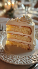 Slice of Wedding Cake with White Icing and Yellow Filling