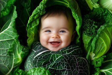 A smiling baby wrapped in cabbage leaves