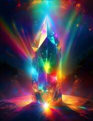 Wall Mural - A luminous crystal prism refracts vibrant rainbow colors, creating a mesmerizing play of light. The surrounding area glows with a kaleidoscope of hues, enhancing the magical atmosphere.