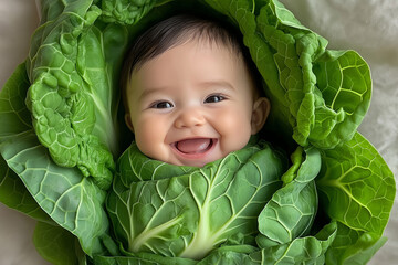 A smiling baby wrapped in cabbage leaves