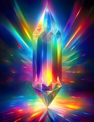 Wall Mural - A radiant crystal stands on a circular base, emitting vibrant beams of colorful light. The interplay of hues creates a mesmerizing spectacle that enhances the crystal's facets.