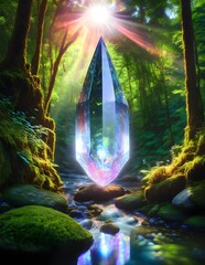 Wall Mural - A large, luminous crystal hovers above a serene forest stream, reflecting radiant sunlight that filters through the dense canopy above. Moss-covered rocks line the waterway