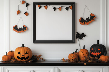 A wooden frame mockup hanging on the wall with halloween decorations