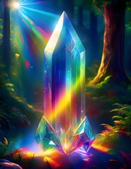 Wall Mural - A radiant crystal stands in a forest, illuminated by a spectrum of vibrant colors. Sunlight filters through the trees, casting rainbow reflections on the ground.