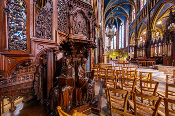 BONSECOURS, NORMANDY, FRANCE: flamboyant and richly decorated interior of Notre-Dame Basilica of Bonsecours, Gothic Revival style, detail of pulpit or lectern, near Rouen