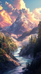 Poster - In the middle scene, near is the dense forest, in the middle is the winding river, in the distance is the towering Mount Everest, colorful clouds