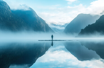 Wall Mural - dramatic mountains reflecting in the still waters at sunset, capturing the beauty of New Zealand's fjords