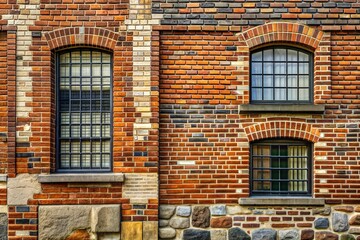 Wall Mural - Brick wall with three arched windows and rustic stone base