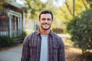 Wall Mural - Portrait of a tender man in his 30s dressed in a relaxed flannel shirt over white background