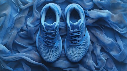 Wall Mural - Stylish blue running shoes on textured fabric: showcasing modern athletic footwear design and comfort