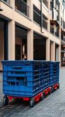 Vibrant blue plastic crates stacked on red wheeled carts stand out against the muted tones of a modern urban building, showcasing logistics in city life.