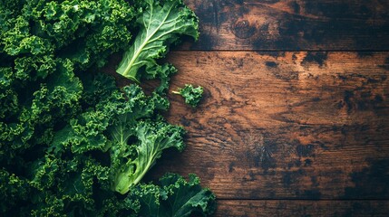 Fresh, vibrant kale leaves scattered on rustic wooden table, creating a striking contrast between lush green vegetables and rich brown wood grain texture.