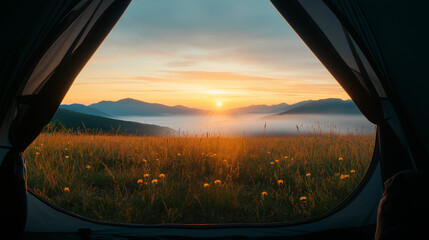 shot from tent to mountains green fields, sunrise, mystical,