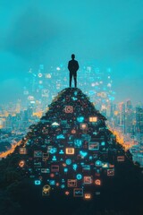 Canvas Print - Person standing atop a mountain of digital data and technology with futuristic network visualization